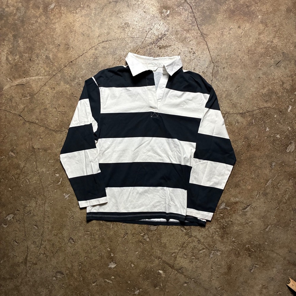 HM Mens Long Sleeve Rugby Shirt Black White Striped Polo Size S